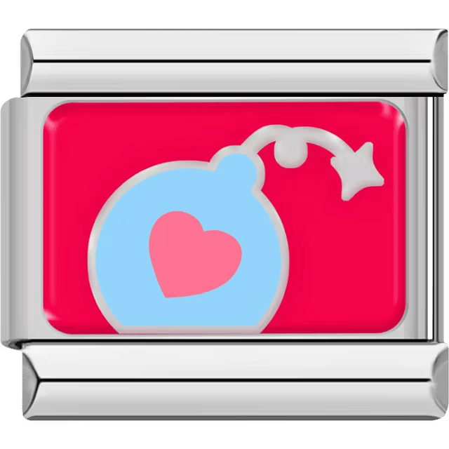 Light blue round bomb with a pink heart on it and a curved fuse on a bright red background